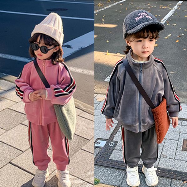 

girls suit gold velvet striped plus thick coat toddler kids long sleeve jackets with trousers two pieces sets 2019 winter sets, White