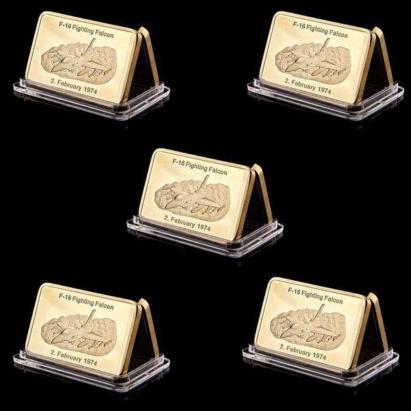 

5pcs gold challenge bar us air force f-16 fighting faclon 1oz gold plated buillion w/plastic capsule