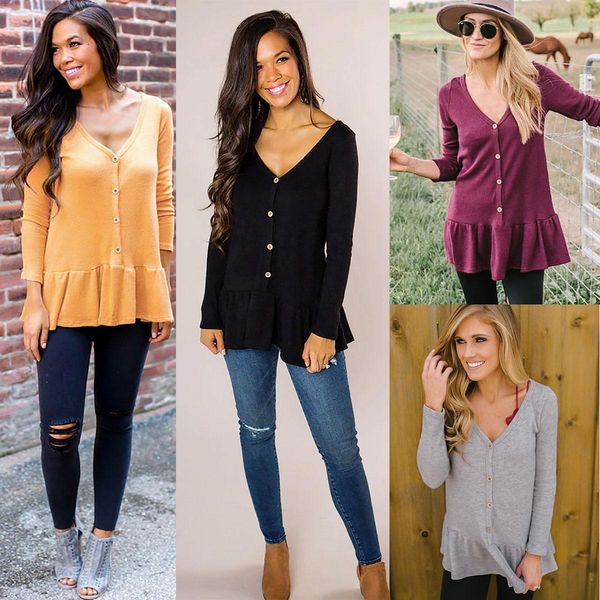 

2019 весна новый casual женская горячие продажи v-образный вырез сплошной цвет гофрированные тонкий строчка кардиган кнопка футболка, White