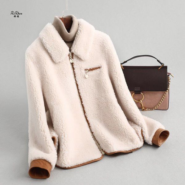 

zizhen spring autumn new woman natural wool solid real fur coat with turn-down collar zipper jacket shorts 190606-8.59339, Black;brown