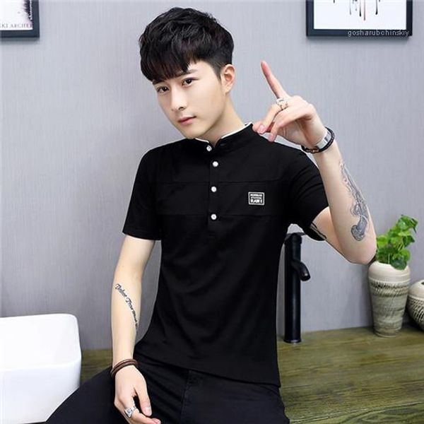 

tshirts fashion males casual mens summer solid color tees designer stahd collar button v neck short sleeve teenagers, White;black