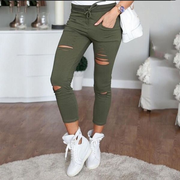 

summer women plus size pants high waist lace-up hole pants ripper long casual crop ladies trousers, Black;white