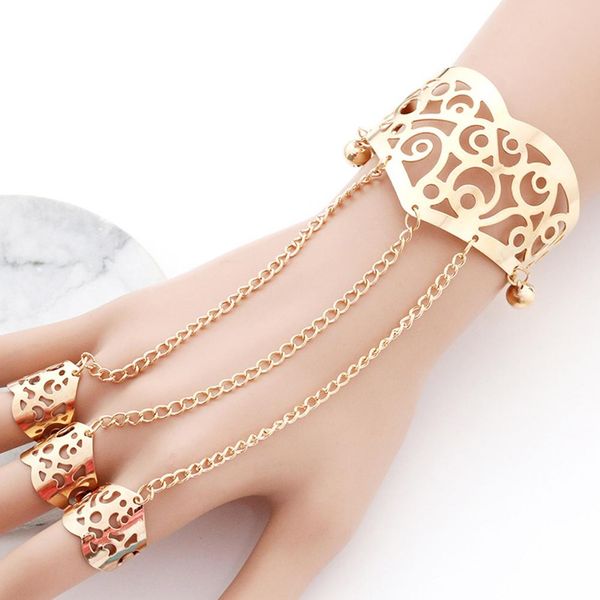 

retro hollow flower wide open cuff bell bracelet bangle 3-finger ring jewelry, Silver