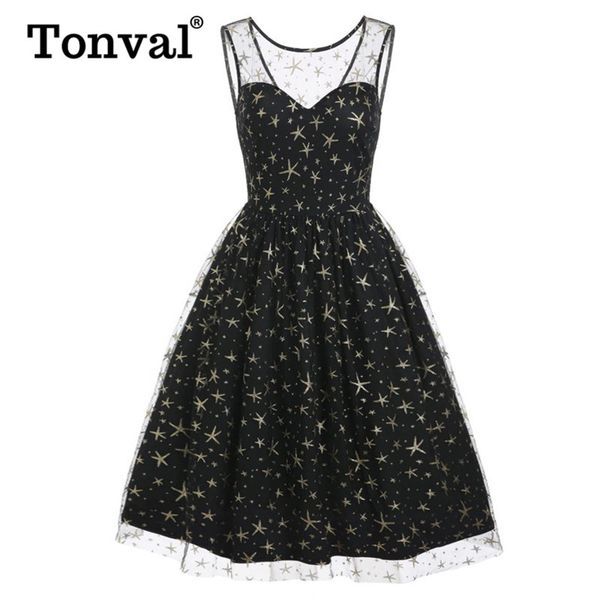 

tonval vintage gold star print mesh плиссе элегантная партия midi платье женщины без рукавов черный высокой талии гламурные платья, Black;gray