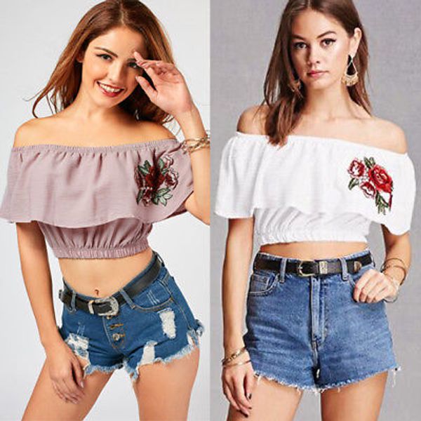 

fashion womens summer floral embroidery ruffles short sleeve blouse shirts casual loose blouse off shoulder crop shirts top, White