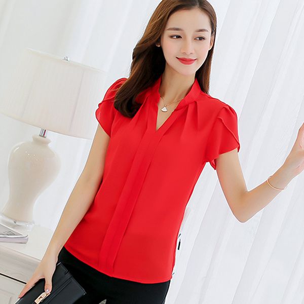

plus size blouse women 2020 summer short sleeve red office ladies chiffon shirt elegant work casual female clothingcx, White