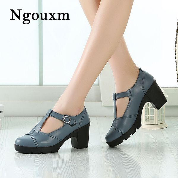 

ngouxm 2019 high heel women pumps genuine leather woman shoes buckle t strap round toe pumps shoes female, Black