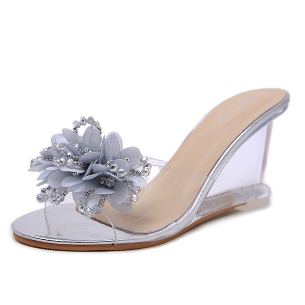 

women's shoes rhinestone beaded flower word slippers summer wedge sandals crystal transparent high heels, Black