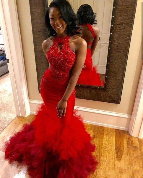 

Red Mermaid Prom Dresses 2K19 African Black Girl Sexy Evening Gowns Appliques Beaded Ruffles Skirt Halter Neck Formal Party Dresses