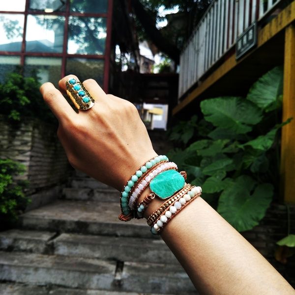 

gild natural ite faceted charm wrap bracelet big stone boho leather bracelets 5 strands long friendship bracelet dropship, Golden;silver