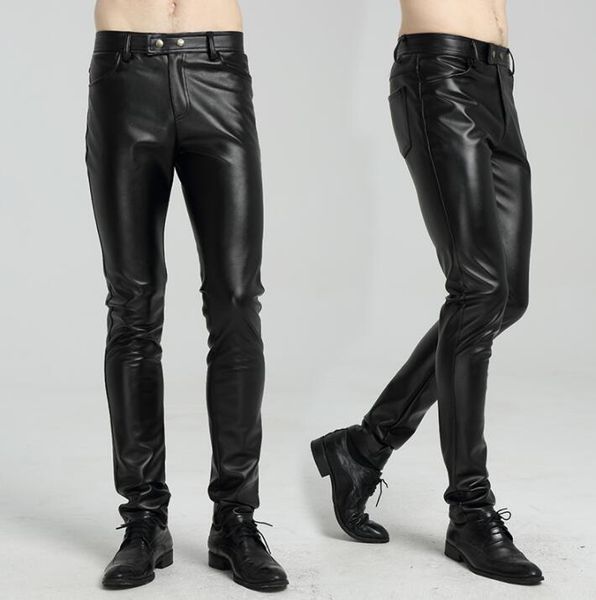 

men's pants spring autumn thin faux leather mens feet fashion motorcycle tight pu trousers men black pantalon homme