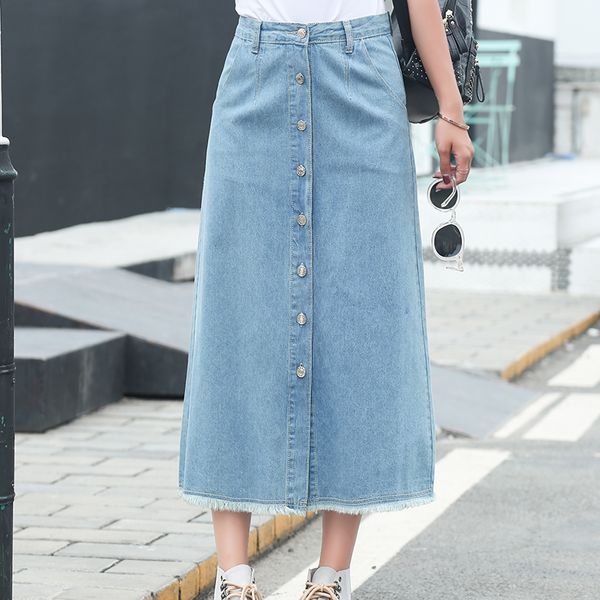 

2020 women denim long skirt a line front single-breasted preppy skirts mid waist plus size, Black
