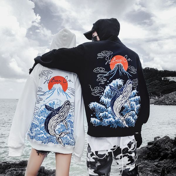 

new street ins hip hop loose even midnight whale printing trend men and women lovers dress, Black