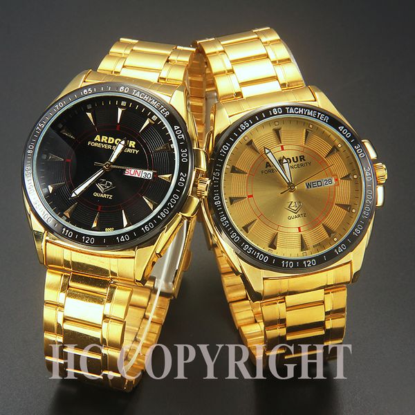 

date day display men dress watch 18k gold plated business stainless steel wristwatches quartz-watch reloj hombre gloden black, Slivery;brown