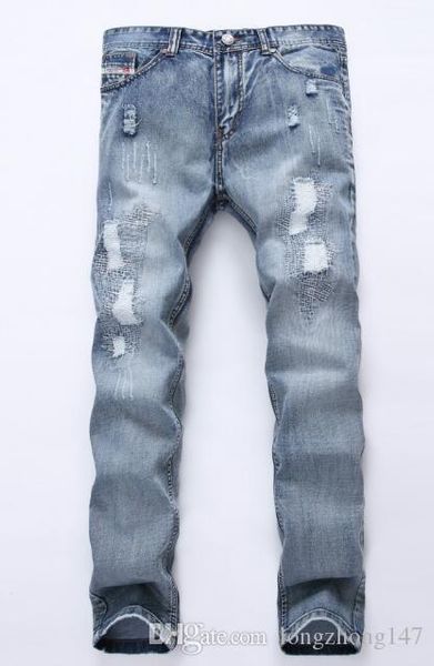 

good quality mens jeans slim fit biker denim for men fashion designer draped zipper mens straight jeans nostalgic hole clothes big size, Blue