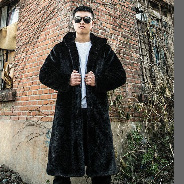 

new faux fur coat classic casual men's faux fur coat mink hooded mid length winter, Black