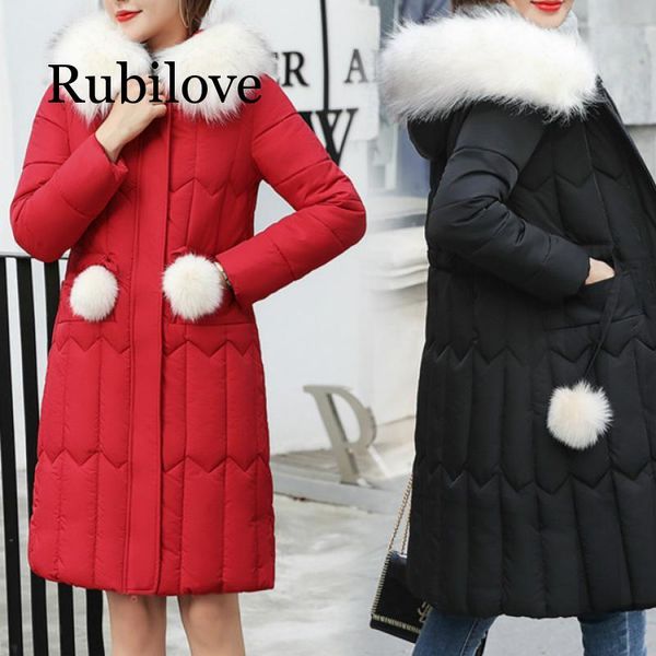 

rubilove long women parkas 2019 plus size 5xl winter hooded big fur collar jacket coats warm fashion parkas zipper, Black