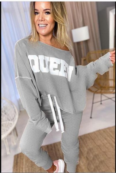 

gray women's two piece pants spring tracksuit sweater+trousers women print letter hoodies women 2pc set womens set female sport suits, White
