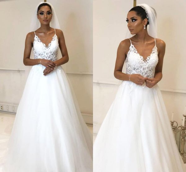 

beach wedding dresses summer wear boho backless wedding dress deep v neck spaghetti straps tulle floor length robe de soriee bridal gowns, White