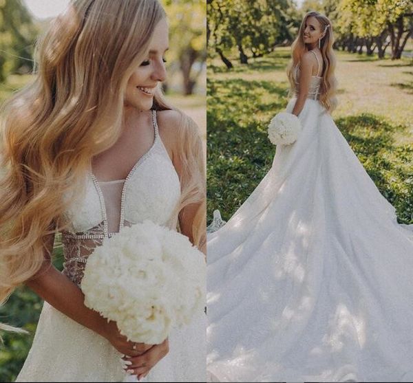 

2020 западная страна спинки свадебные платья сексуальные штапики спагетти ремень линия аппликация тюль длинные свадебные платья на заказ, White