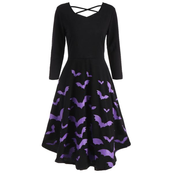 

big swing party women dress elegant casual halloween costume bandage patchwork printed festival cocktail midi long sleeve, Black;gray