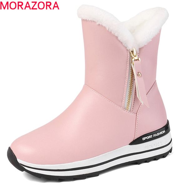 

morazora 2020 snow boots women keep warm ankle boots round toe zip flat platform shoes woman winter black