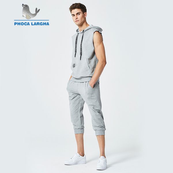 

new men's sleeveless sets summer hoodie sweatshirt set drawstring tracksuit male 2 piece sportwear pants suit hooded for man, Gray
