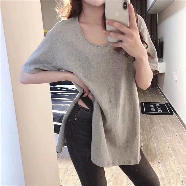 

2020 big neckline solid color u-collar short-sleeved t-shirt female summer loose fashion brand all-match top, White
