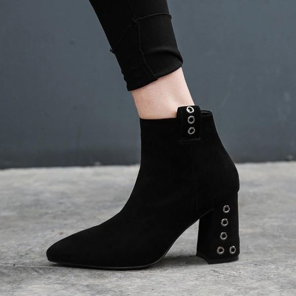 

pointed toe women short autumn boots black suede booties studded 8cm chunky high heels botas mujer zapatillas boots