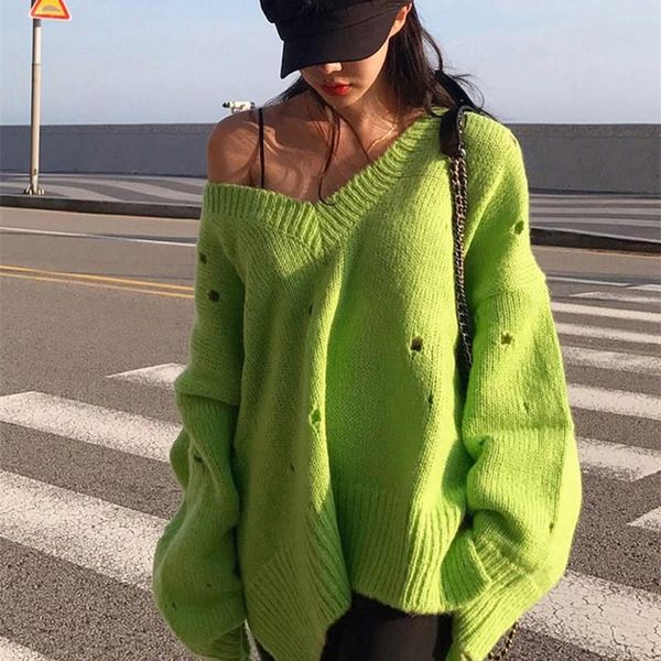 

fashion v-neck holes loose women sweater long sleeve green knitted pullovers 2019 autumn jumper female high quality, White;black