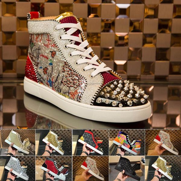 

luxury designer no limixx sneakers flat stripes-printed patent leather high-studs red bottom shoes for women,men casual walking eu35-46, Black