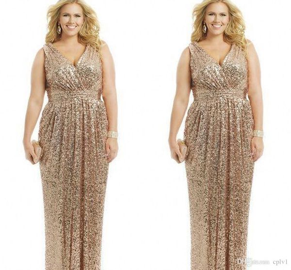 Sexy Plus Size Dresses Rose Gold Sequin Sheath V Neck Floor Length Evening Gowns Formal Mother Of The Bride Prom Dress Custom M009 Plus Size Cruise