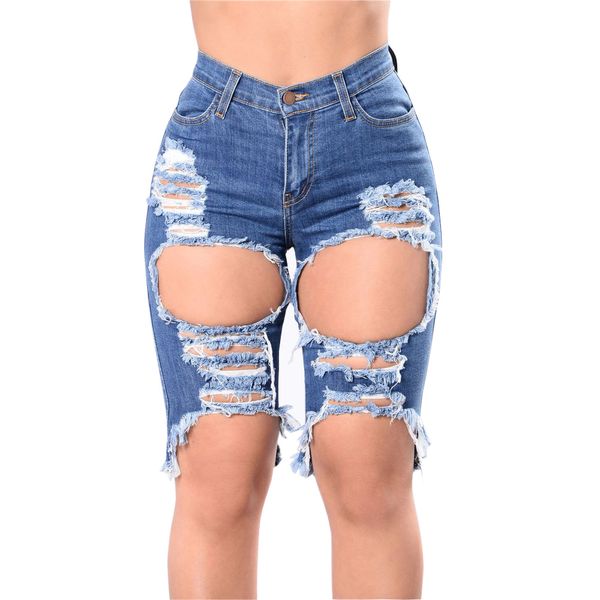 

woman high waist destroyed ripped jeans knee length denim shorts femme plus size pantalones vaqueros mujer, Blue