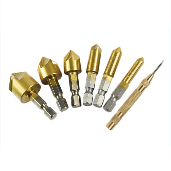 

6pcs/set countersink drill bits center punch tool sets automatic punch hex shank five-blade chamfering drill bit high carbon ste
