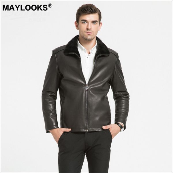 

maylooks autumn and winter men's leather fashion goat rice granules wear wearing lapels warm mink men's leather jacket ws131, Black