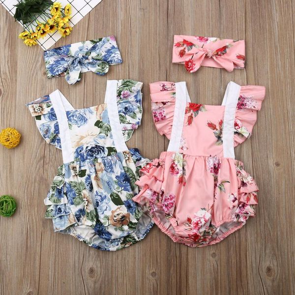 

new kid baby girls flower outfit ruffle bodysuit headband clothes set, Blue