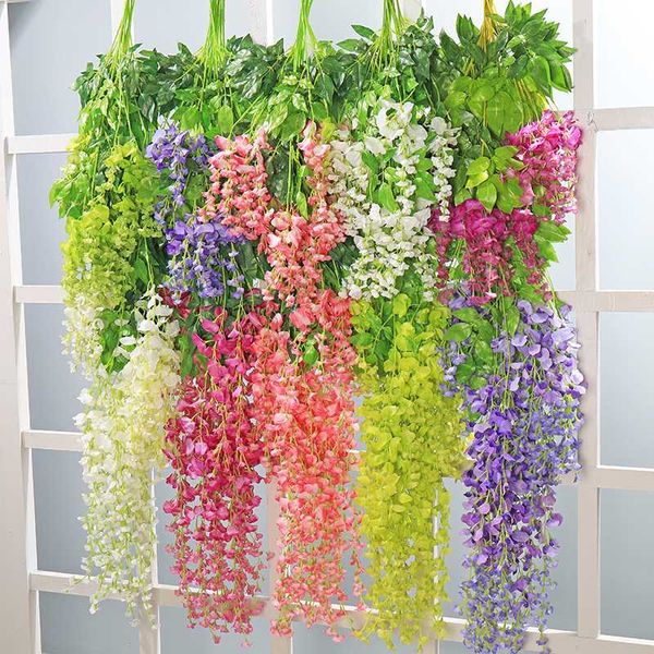 

1pcs artificial flowers wisteria vine garland wedding arch decoration fake plants foliage rattan trailing faux flowers ivy wall