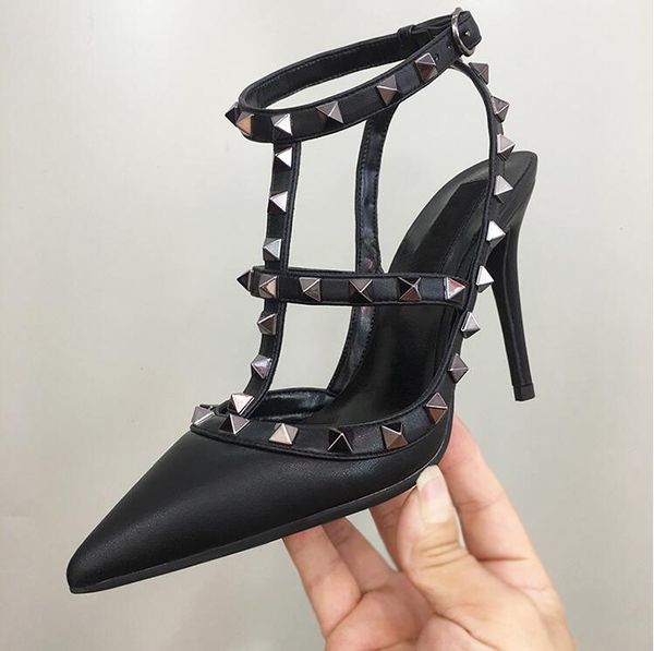 

2019 black leather spikes women lady fashion Slingback Design Rivets Pumps Sexy Pointed Toe High Heels Sandals Leather Woman Shoes