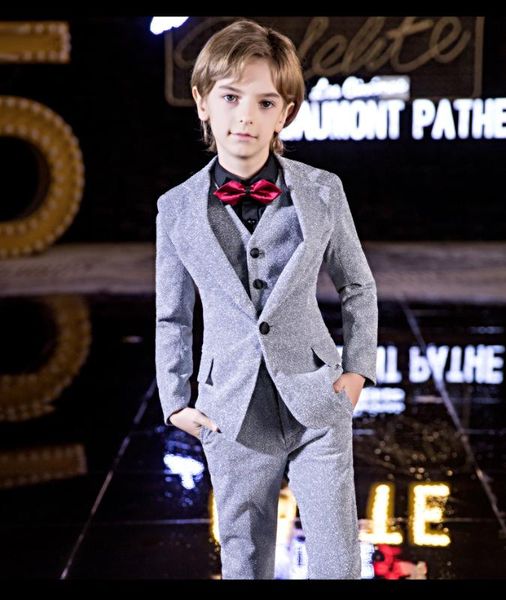 

yuanlu kids suit for boy silver shiny children coat wedding blazer jacket formal blazer vest pants party toddler clothes, Black