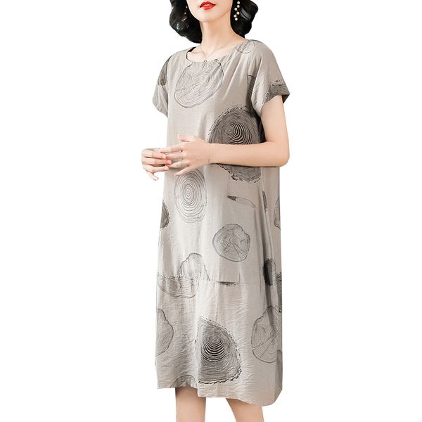 

2019 new summer women cotton round neck dress straight print elegant casual short sleeve loose dresses re2439, Black;gray