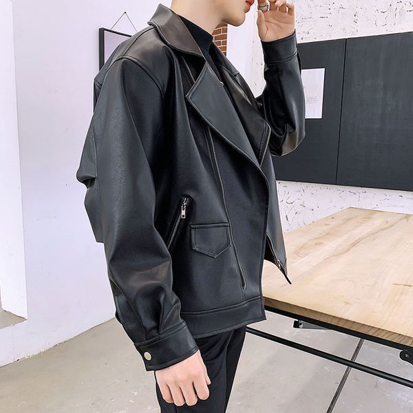 

2019 winter new color matching loose korean version of the lapel locomotive handsome men's street casual leather jacket, Black