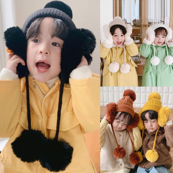 

boys and girls kids baby cute solid wool warm helmet big hair ball plush hat cap 2019 spring autumn new simplicity fashion, Yellow