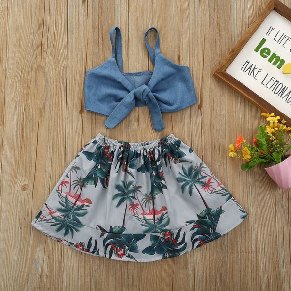

baby girls skirt sets kids clothes toddler girl exposed navel sling outfits tropical style skirt 2pcs clothing sets, White