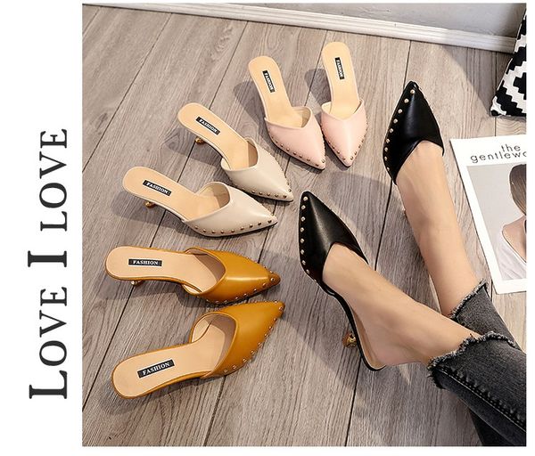 

europe 2020 spring and summer new fashion pointed sandals rivet slippers female high-heeled wild half slippers, Black