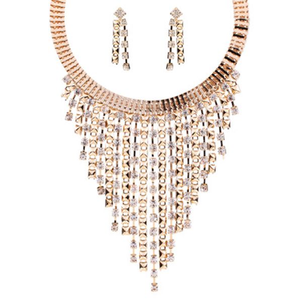 

new high-end luxury big-name fashion jewelry multi-layer fringed rhinestones shiny necklace earrings set banquet clothing collar jewelry, Silver