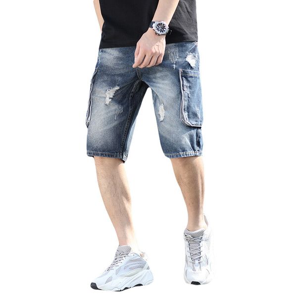 

men's jeans moruancle summer ripped denim shorts fashion destroyed hip hop short with big pockets plus size 28-42 loose fit, Blue