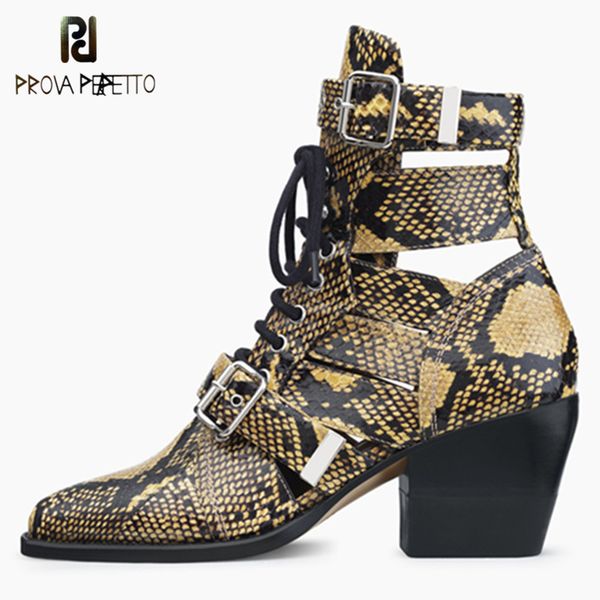 

prova perfetto brand design snakeskin genuine leather boot woman pointed toe high heel ankle boots buckle lace up botas feminina, Black