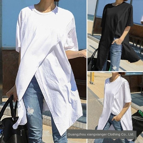 

2020 women's solid color round collar stitching irregular short-sleeved t-shirt 2020 women's solid color round collar stitching ir, White
