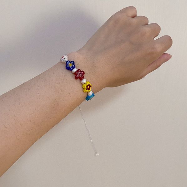 

retro kpop colorful flowers natural freshwater pearl handmade boho beaded bracelets for women aesthetic jewelry friends gift, Black