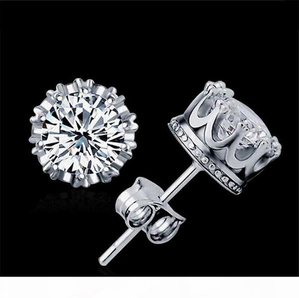 

band new gold crown men stud earring 925 sterling silver cz simulated diamonds engagement beautiful women wedding crystal ear rings, Golden;silver